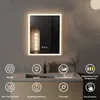 A modern bathroom vanity with a lit LED mirror above it, showcasing various features with icons and text. Náhled obrázku produktu