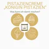 A marketing image showing a jar of pistachio cream surrounded by illustrations of desserts like cake, cupcakes, ice cream, and cookies, suggesting various uses for the product. Produktbild-Vorschau
