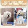 A split image showing a dog before and after grooming, with text overlay. Voir les images du produit