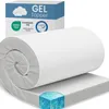 A rolled-up gel mattress topper with a box and certifications displayed. Produktbild-Vorschau