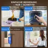 A collage of four images showing the steps to use an ozone generator for odor removal. Produktbild-Vorschau