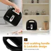 A collage of images showing a black sandwich maker, its features, and kitchen shelves with jars. Produktbild-Vorschau