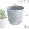 A close-up of a white woven-style plant pot with a saucer, next to a succulent plant. Dimensions and capacity are indicated with text and icons. Podgląd zdjęcia produktu