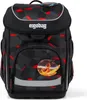 A black and red patterned ergobag school backpack with a fiery horse patch on the front pocket. Produktbild-Vorschau