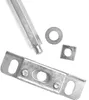 A close-up view of metal hardware components, including a threaded rod, a round washer, a square washer, and a mounting bracket with screws, arranged on a white background. Produktbild-Vorschau