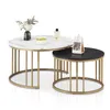 Two round coffee tables, one white marble effect and one black marble effect, with gold metal frames, are displayed against a white background. Produktbild-Vorschau
