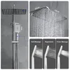 A collage of images showing a shower system with different spray modes and dimensions. Produktbild-Vorschau