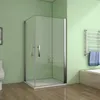 A modern bathroom with a glass shower enclosure, a toilet, and a towel rack. Produktbild-Vorschau