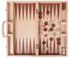 A top-down view of an open wooden backgammon board with checkers and dice. Anteprima dell’immagine prodotto