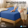 A person sitting on a blue fitted sheet on a bed. Produktbild-Vorschau