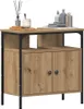 A product shot of a wooden cabinet with black metal framing, set against a white background. Decorative items are placed on top. Podgląd zdjęcia produktu