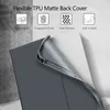 A close-up of a dark gray tablet case, showing its flexible TPU back cover being peeled away to reveal the tablet underneath. The background is a textured gray wall. Produktbild-Vorschau