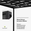 A close-up view of a black pergola or canopy structure, with text highlighting its features. Produktbild-Vorschau