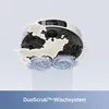 A robotic vacuum cleaner with water and foam splashing around its cleaning brushes, demonstrating its mopping function. Produktbild-Vorschau
