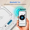 A person is holding a smartphone displaying a music player interface, with a white stereo system in the background. A blue glow emanates from the stereo towards the phone, indicating a Bluetooth connection. Produktbild-Vorschau