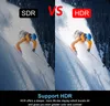 A split image comparing SDR and HDR display quality for a skiing scene, with text overlays highlighting the features. Produktbild-Vorschau