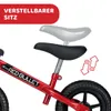 Close-up of a red balance bike seat, showing its adjustable height feature with arrows indicating up and down movement. Text overlay indicates 'VERSTELLBARER SITZ' (Adjustable Seat). Produktbild-Vorschau