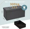 A dark gray storage bench with dimensions indicated, and a separate storage box shown below. Náhľad obrázku produktu
