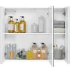 A white bathroom cabinet with mirrored doors, displaying various toiletries and towels. Produktbild-Vorschau