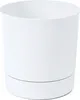 A white planter pot with a saucer, shown on a white background. Podgląd zdjęcia produktu