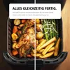A split image showing food being cooked in an air fryer, with text overlay describing a feature. Produktbild-Vorschau