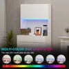 A white buffet cabinet with LED lighting and decorative items on top, shown with a color spectrum and sample color swatches at the bottom. Produktbild-Vorschau