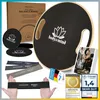 A collage of a balance board set, including the board, resistance bands, sliders, and marketing materials like a book and awards. Voir les images du produit