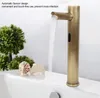 A close-up shot of a vintage-style automatic sensor faucet with water running into a sink, next to a small decorative plant and shells. Podgląd zdjęcia produktu