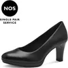 A black leather pump shoe with a block heel and platform sole, shown from the side against a white background. Text overlays indicate 'NOS' and 'SINGLE PAIR SERVICE'. Produktbild-Vorschau
