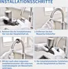 A collage of four images showing the steps to install a water filter on a faucet. Produktbild-Vorschau