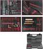 A collage of four tool trays and a toolbox, showcasing a comprehensive set of tools. Produktbild-Vorschau