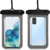 Two waterproof phone cases are shown side-by-side, one displaying the front of a smartphone and the other displaying the back. Produktbild-Vorschau