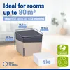 A dehumidifier unit and its refill are shown on a table, with text overlays highlighting features and dimensions. Podgląd zdjęcia produktu