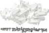 A pile of white plastic clips and screws on a white background. Produktbild-Vorschau