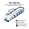 A USB-C hub with various ports and connectors, with labels indicating different port types. Produktbild-Vorschau