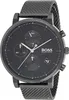 A close-up studio shot of a black Hugo Boss chronograph watch with a mesh strap. Voir les images du produit