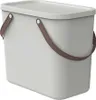 A light gray storage box with a lid and brown handles is shown against a white background. Voir les images du produit