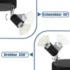 Collage of images showing the adjustability of a black LED ceiling spotlight with two lamps. Produktbild-Vorschau