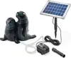 A solar-powered water feature with two seal figurines, a solar panel, a water pump, and a nozzle, displayed on a white background. Produktbild-Vorschau