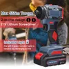 A marketing image of a 21V lithium screwdriver with text overlays highlighting its features. Podgląd zdjęcia produktu