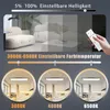A collage showing the adjustable brightness and color temperature of an LED panel light, with lifestyle shots of a living room and kitchen. Produktbild-Vorschau