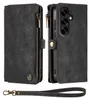 A black leather wallet case for a smartphone, shown open and closed, with a wrist strap. Produktbild-Vorschau