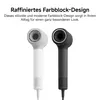 Two hair dryers, one white and one black, are shown side-by-side against a white background. Text above describes the product's design. Voir les images du produit