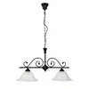 A black chandelier with two white glass shades, suspended by a chain against a white background. Produktbild-Vorschau