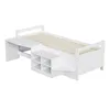 A white children's bed with integrated storage and a desk. Produktbild-Vorschau