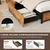 A close-up view of a bed frame with open drawers, highlighting storage features and wheels. Náhled obrázku produktu
