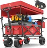 A red folding wagon filled with various items, including bags, coolers, and a water bottle, is shown against a white background. The wagon has a canopy and large wheels. Produktbild-Vorschau