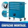 A blue tool cart with drawers and wheels, shown with close-up insets of a wheel and a handle. Text at the bottom describes assembly. Produktbild-Vorschau