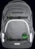 A grey backpack with green accents and reflective elements, shown against a black background. Voir les images du produit