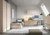 A modern bedroom with a single bed, desk, and wardrobe. Produktbild-Vorschau